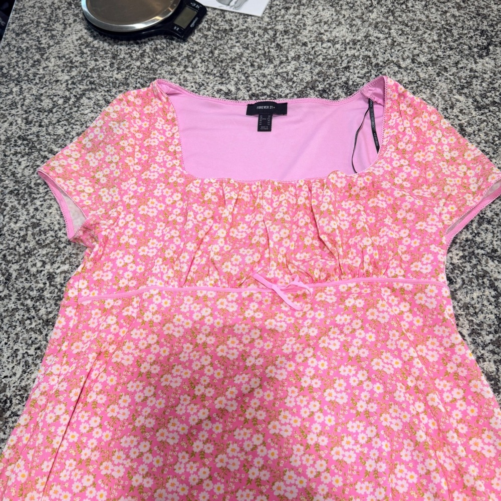 Forever 21 Plus Mesh Mini Dress Size 2X Pink Floral Stretch Coquette Cottagecore - Picture 4 of 9